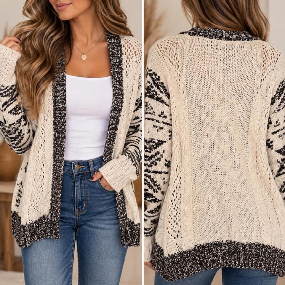 BKE Cream & Black Boho Knit Cardigan 🤎🖤